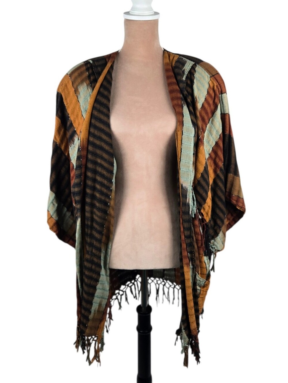 Ixchel Handwoven Cotton Fringe Kimono Striped Vintage Guatemalan Multicolor OSFM